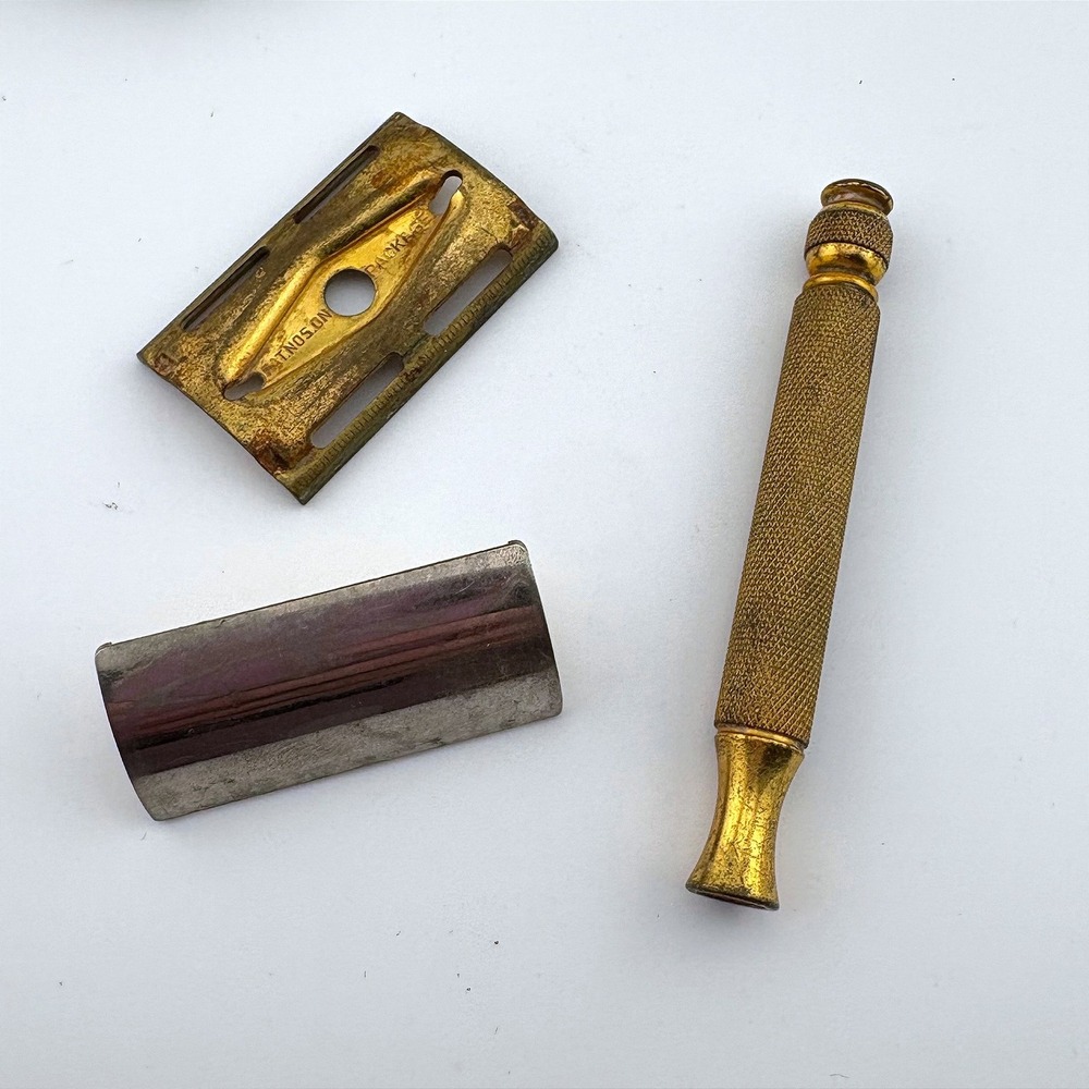 Vintage Gillette Gold Tone 3 Piece Safety Razor with Black Diamond Logo Case USA